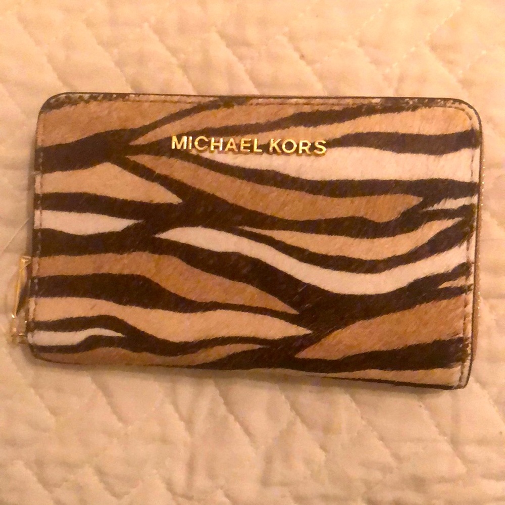 NWT Michael Michael Kors Jet Set Card Case Camel Multi Haircalf